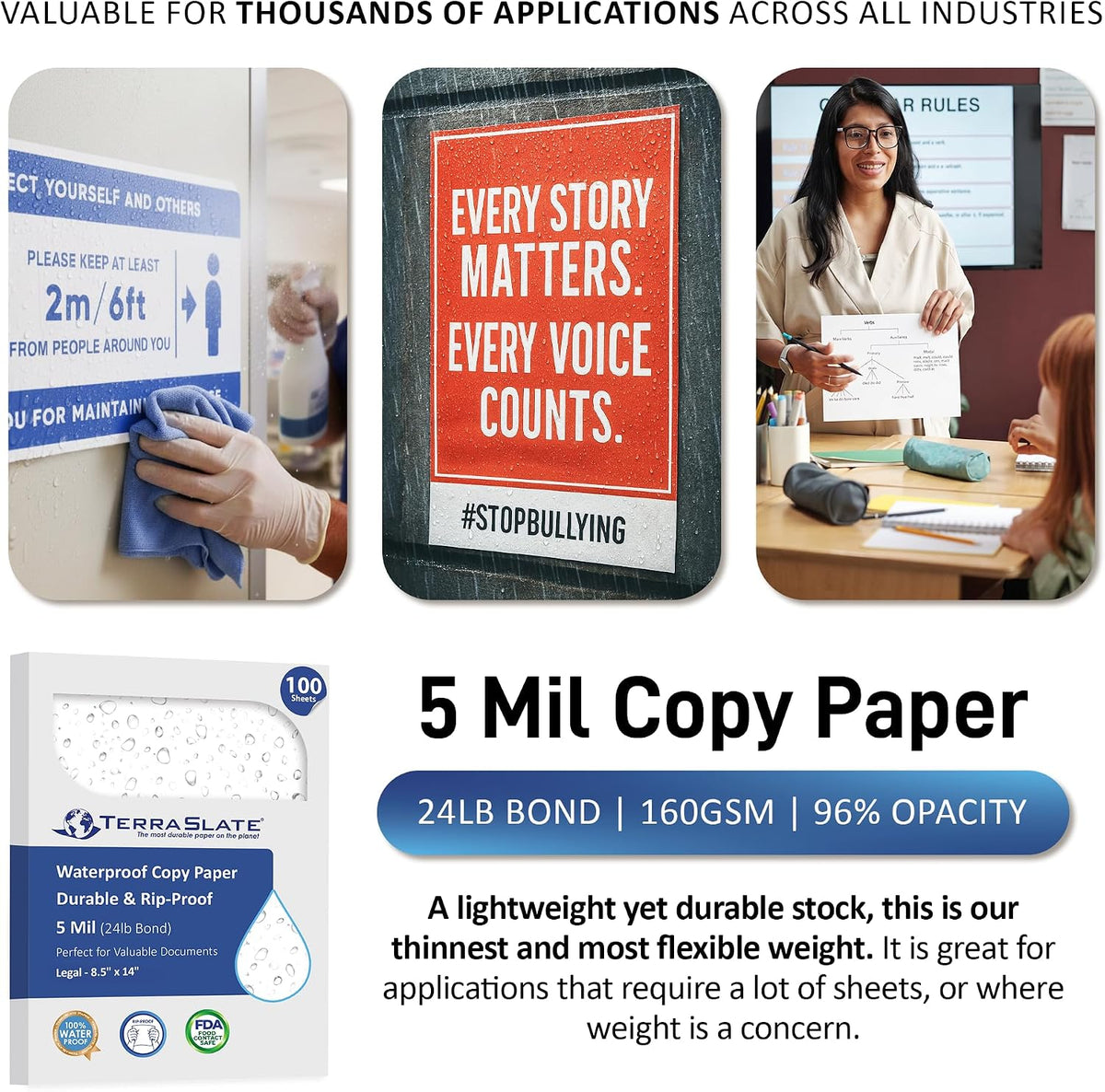 TerraSlate Waterproof Rip-Proof Paper, 5 Mil 8.5" x 14", Legal Size, White,100 Sheets I Rain/Weather/Rip-Proof Printing, Laser Printer and Laser Copier Compatible