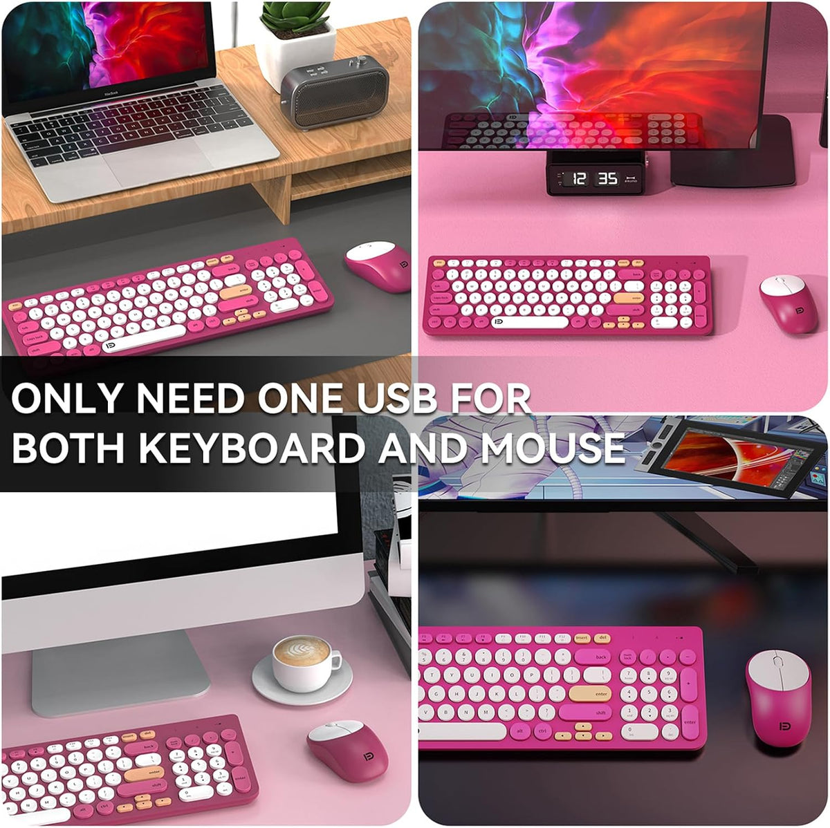 FD Wireless Keyboards and Mouse Combo - 2.4GHz USB Cordless, Cute Wireless Keyboard Round Keys, Quiet and Slim Set for Laptop, Computer, TV and Mac - Strawberry White Colorful