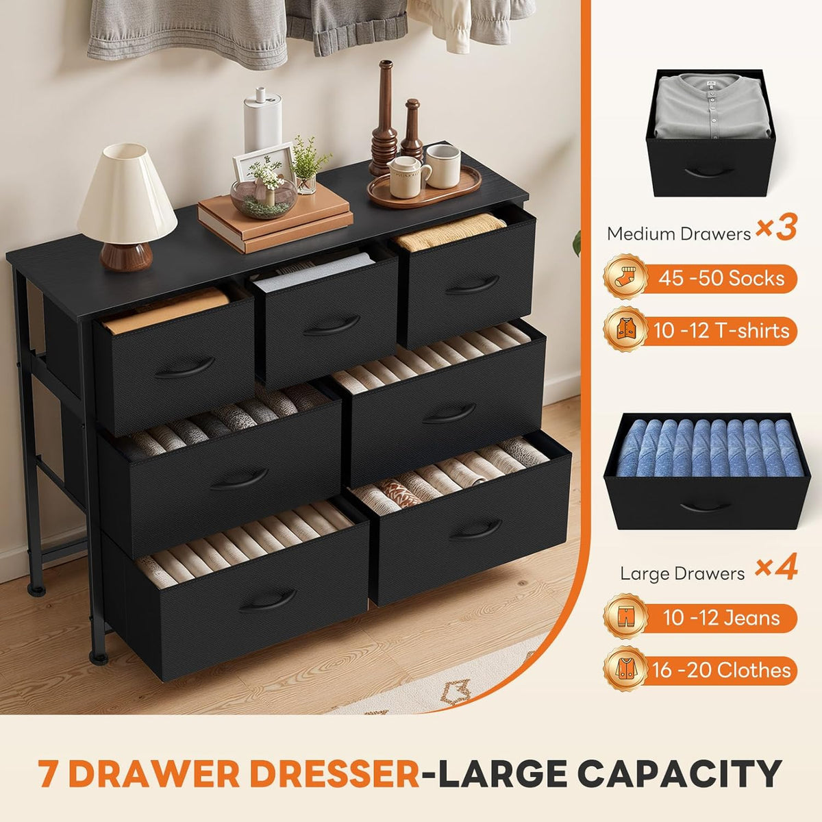 Sweetcrispy 7 Drawer Fabric Dresser for Bedroom Storage with Bins, Black