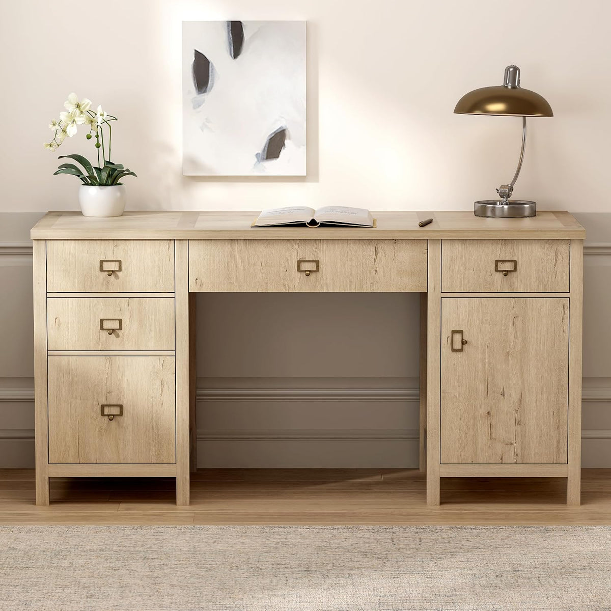 EYYTHUNG Modern Executive Desk with File Drawers Cabinet,59" Computer Desk with Charging Station, Keyboard Tray, Large Home Office Desk, Farmhouse Wood Desk for Study, Writing, Light Oak