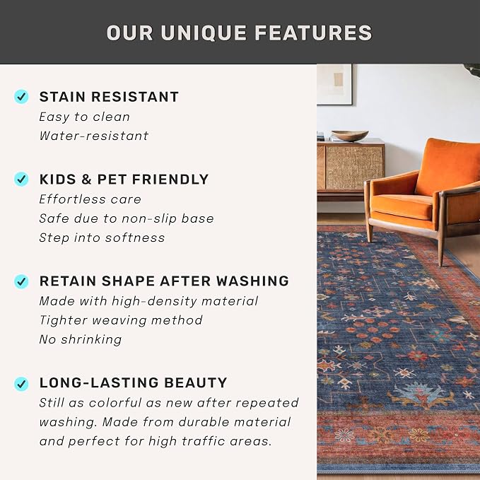 Hazo Haus Washable Navy Blue Living Room Rug, 7x10 Area Rug