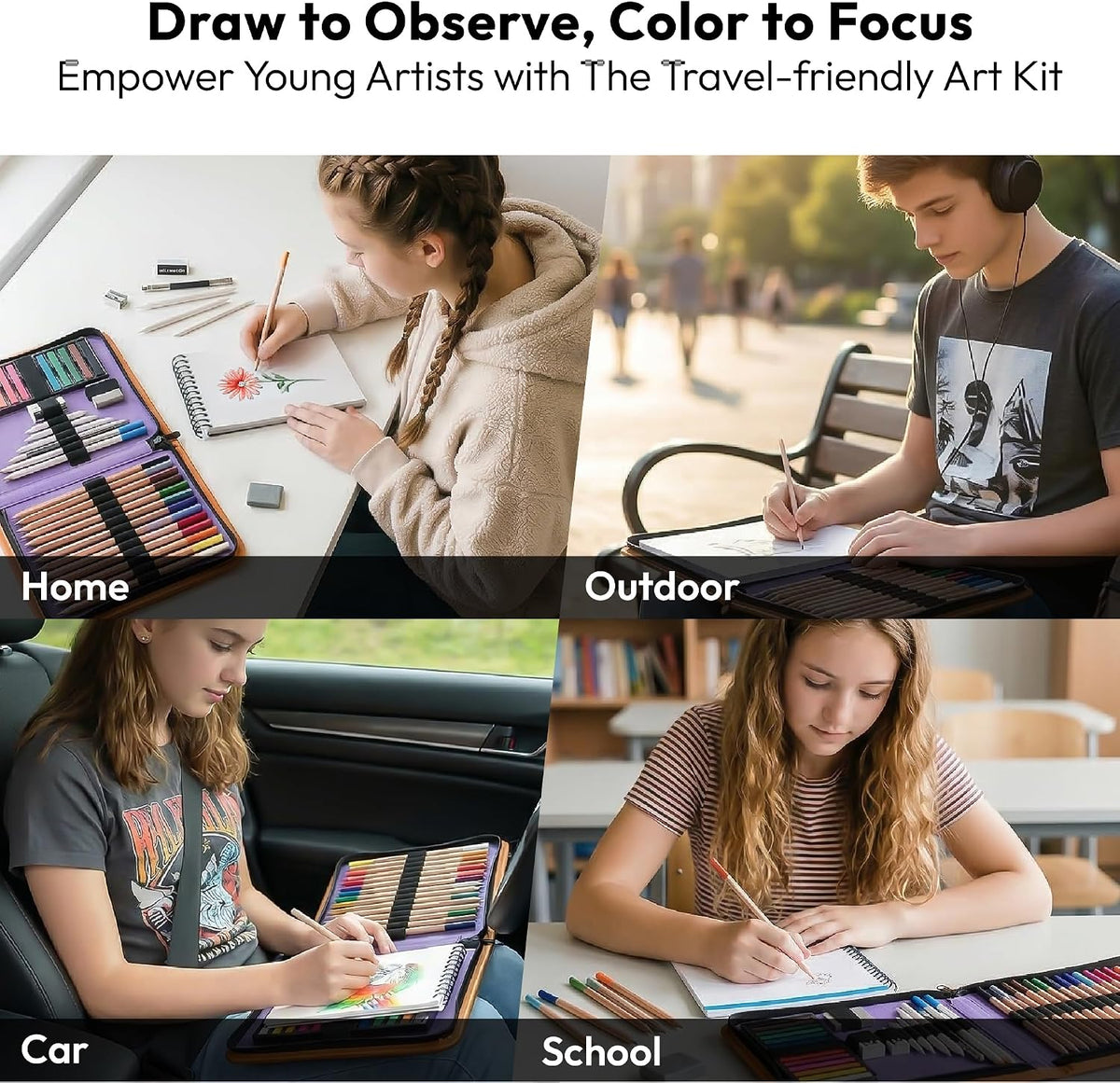 COLOUR BLOCK 40-Piece Drawing Travel Art Set – Portable Sketch and Drawing Art Kit with 16 Colored Pencils, 12 Soft Pastels, 2 Sketching Pencils, 6 Tools, Pad, Zip Case for Beginners, Artists, Adults