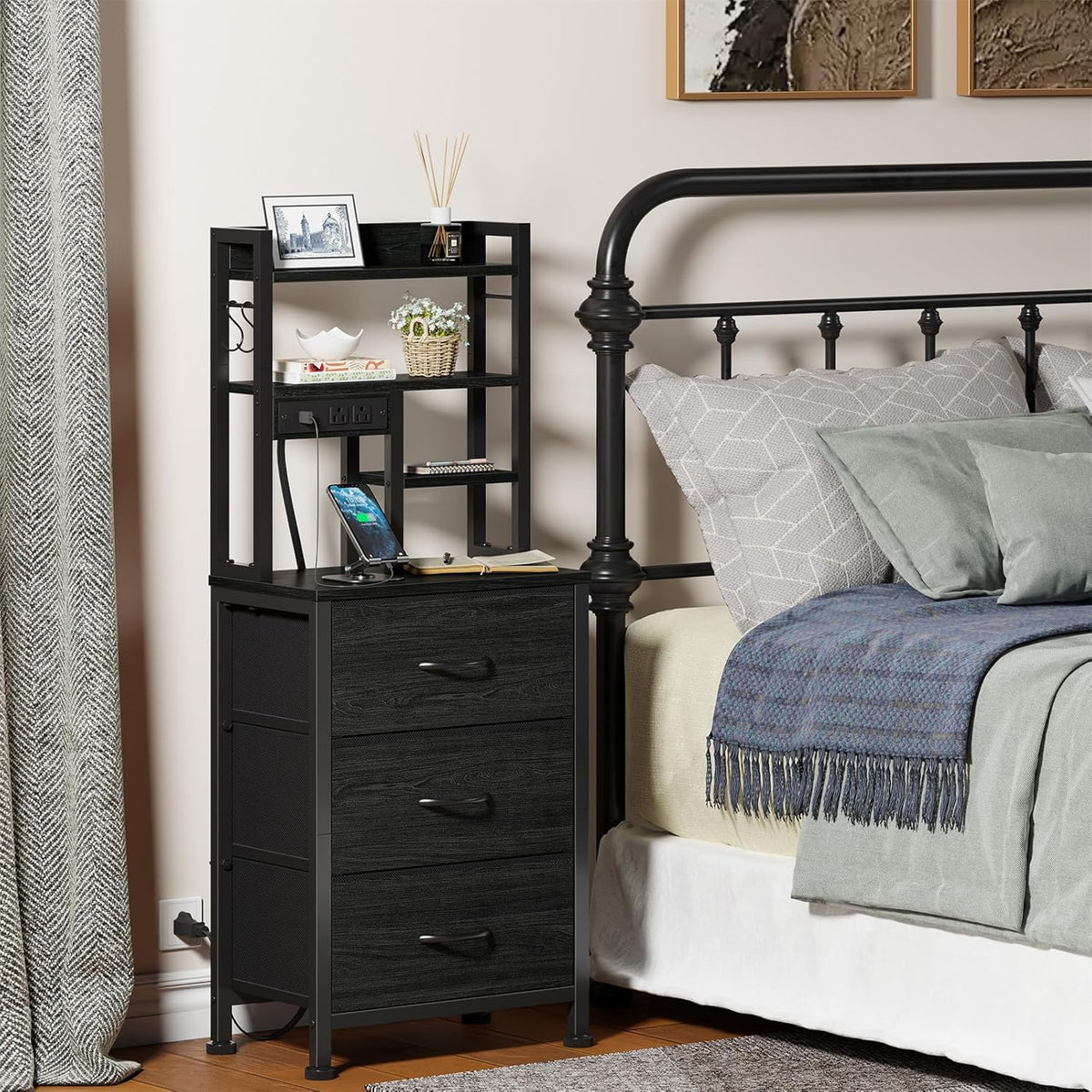Furnulem Black Nightstand with Bookshelf, Tall Bedside Table & Night Stand