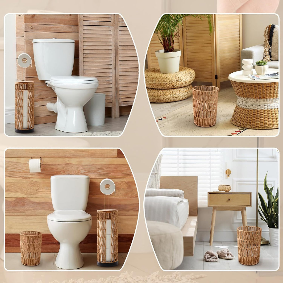 Geiserailie 2 Pcs Wicker Toilet Paper Holder and Wicker Waste Basket Set Boho Woven Toilet Paper Storage with Lid Rattan Bathroom Trash Can for Bedroom, Bathroom, Kitchen, Office, Balcony