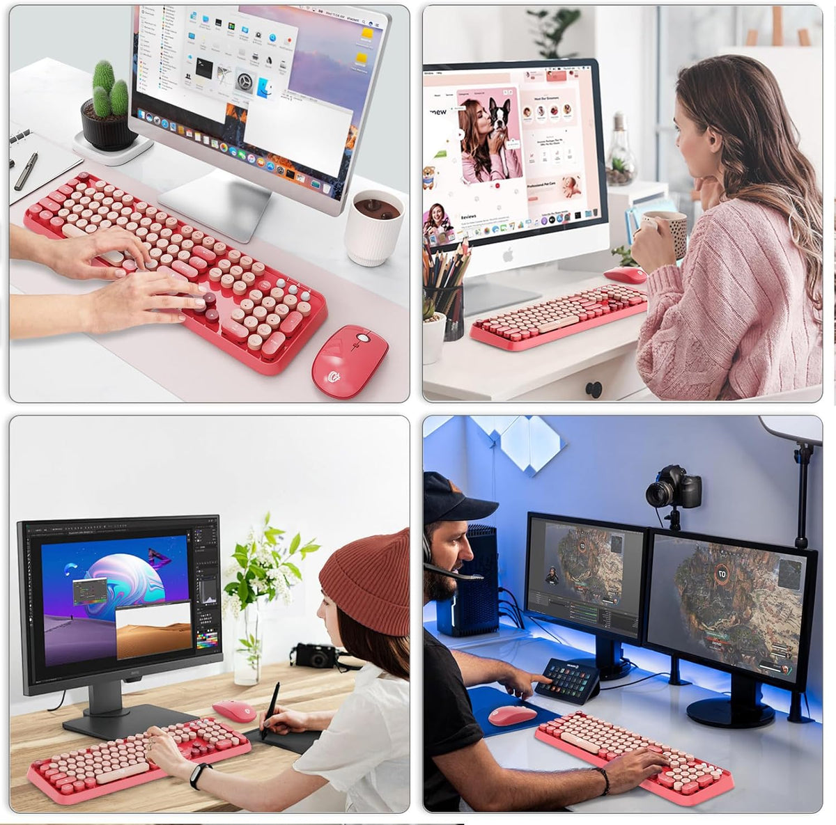 Wireless Keyboard and Mouse Combo, 2.4 GHz Wireless Full-Sized Typewriter Keyboard with Round Keycaps for Windows, Computer, Desktop, PC, Laptop (BerryPink)