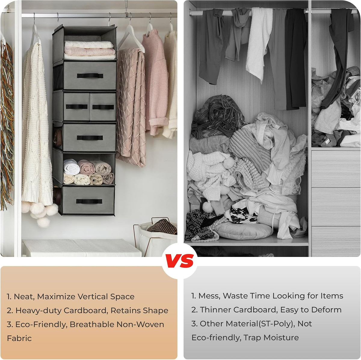 GRANNY SAYS Hanging Closet Organizer, 5 Drawers, 6 Shelves, 6 Pockets, Gray