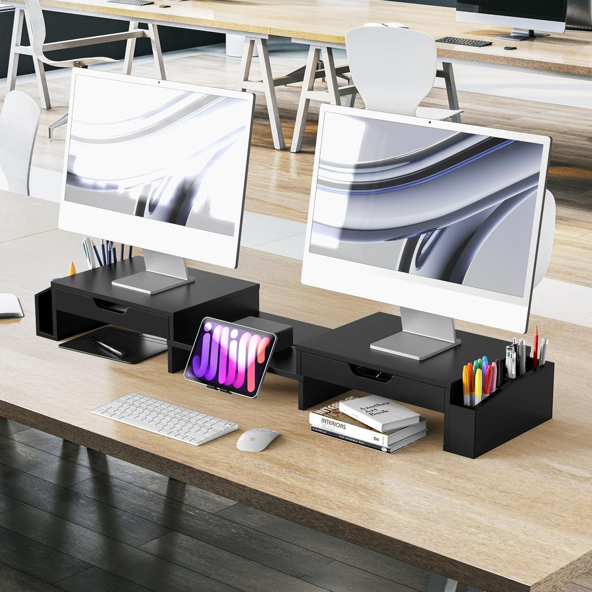 Simple Houseware Desk Dual Monitor Stand Riser with 2 Drawers, Black