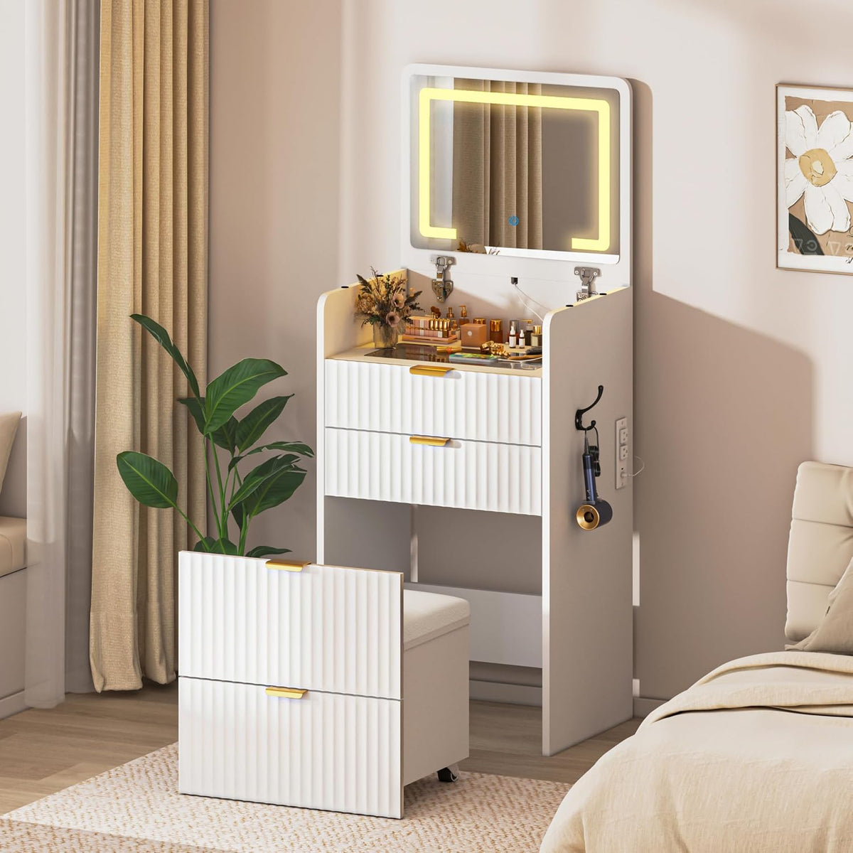 3 in 1 Vanity Desk with Flip Top Mirror and Lights, Small Makeup Vanity with 3 Drawers and Power Outlet, Modern Compact Dressing Table Set with Rolling Hidden Cushioned Stool for Bedroom, White