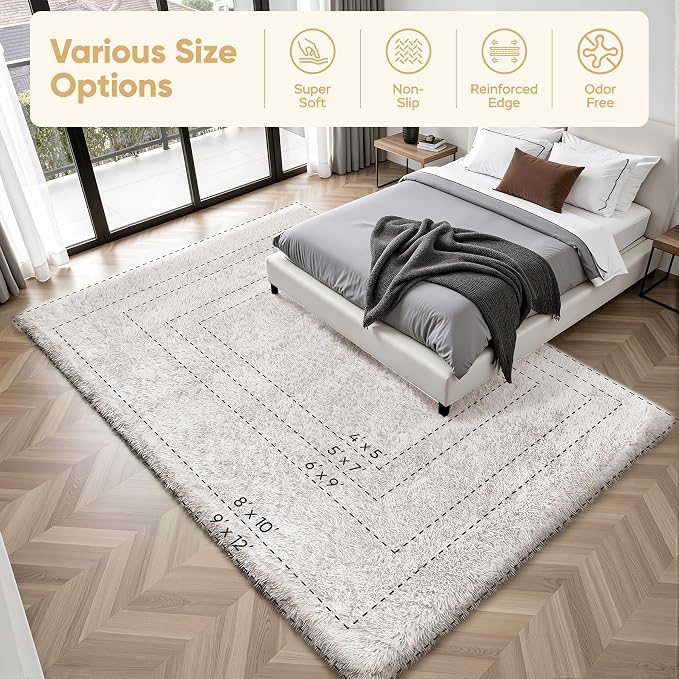 Area Rug for Living Room Bedroom: 4x6 White Soft Fluffy Shag Upgrade Non-Slip