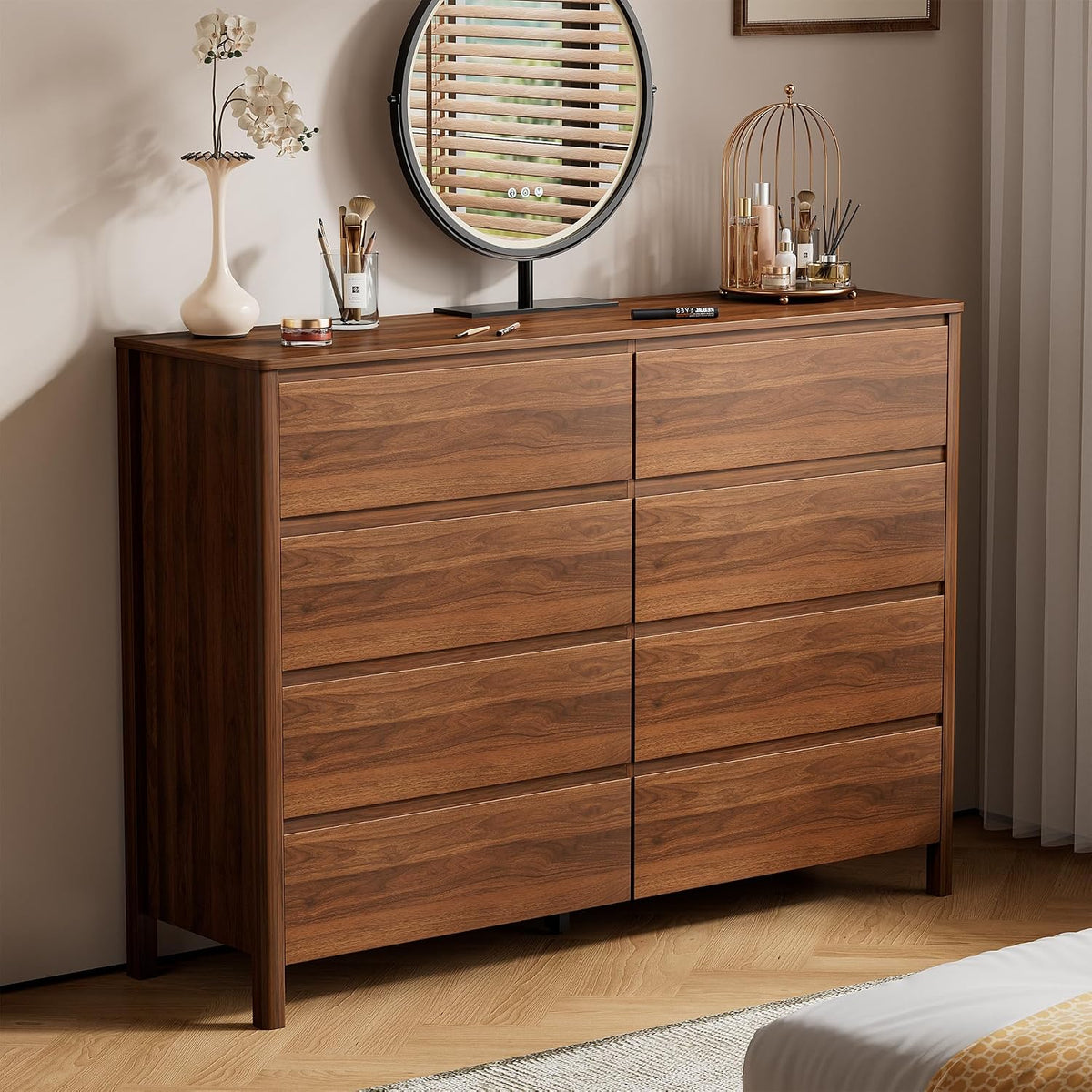 Furniway 55" Wide 8 Drawer Wood Dresser for Bedroom with Legs, Walnut