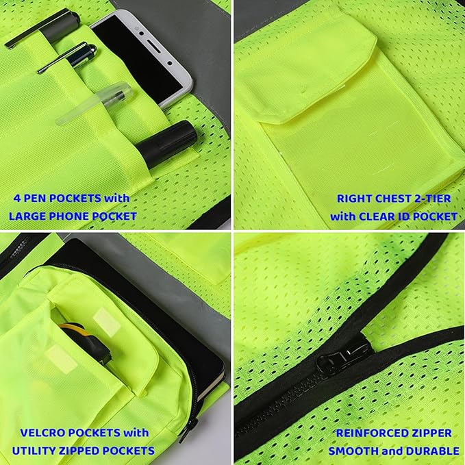 BeautyWill Custom Logo Safety Vest Mesh High Visibility Reflective Vest Customized Logo Utility Zipped Pockets Construction Workwear (Yellow,S)
