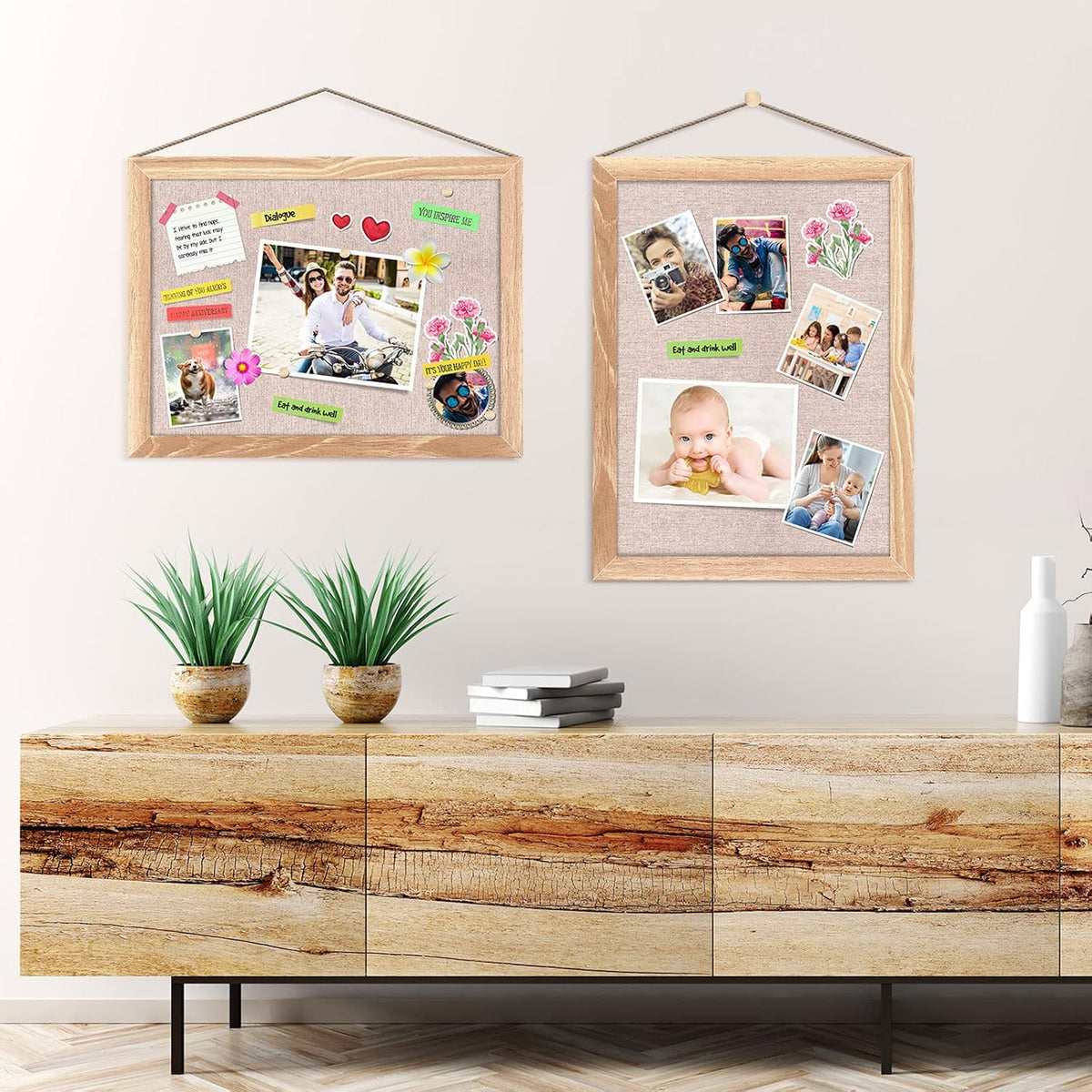 Teling 6 Pack Wood Bulletin Boards with Linen 12''x 16'' Cork Board for Walls with 60 Pushpin Decorative Wood Framed Display for Classroom School Office Bedroom (Brown)