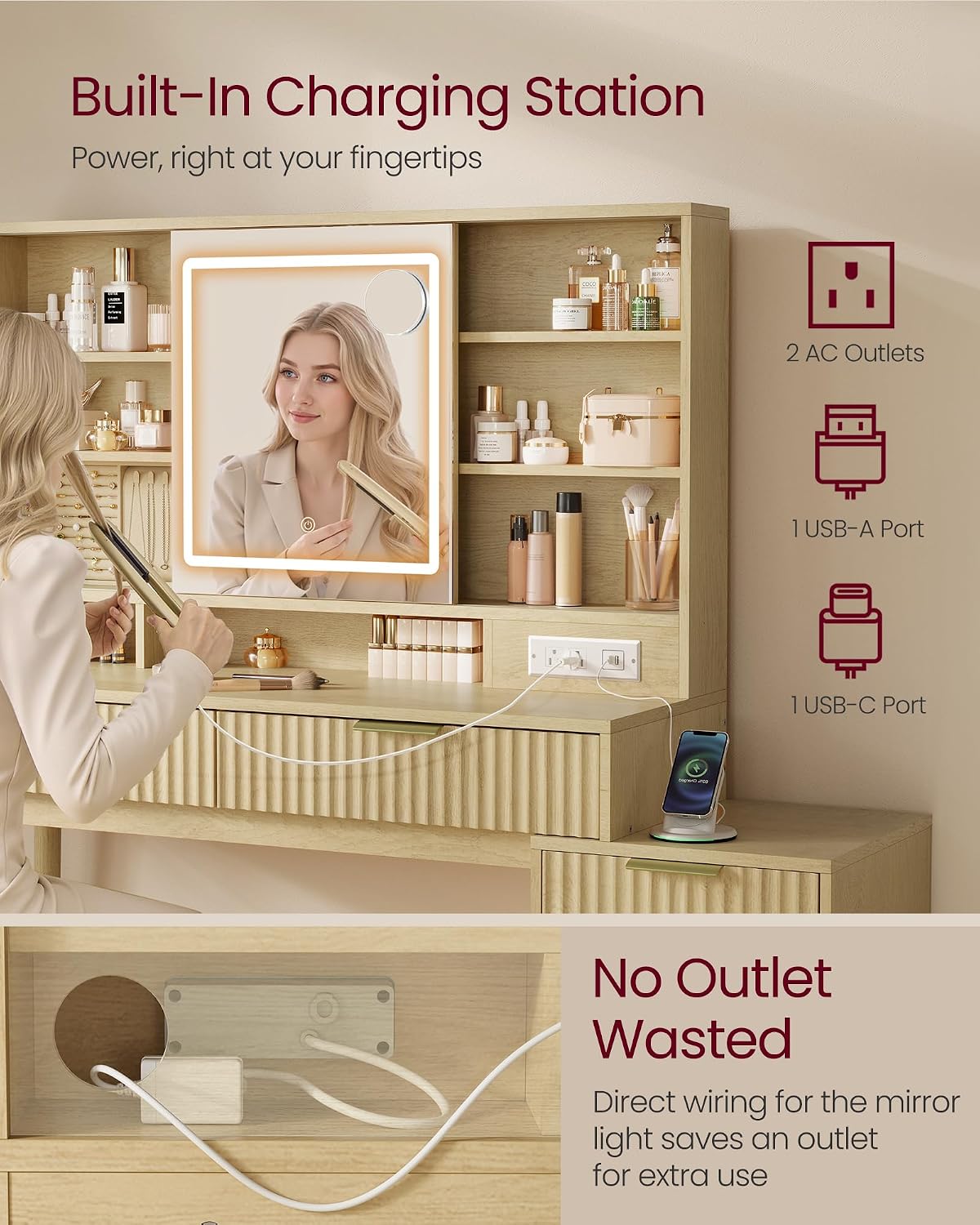 VASAGLE Fluted Vanity Desk with Sliding Mirror and Lights, 5 Drawers