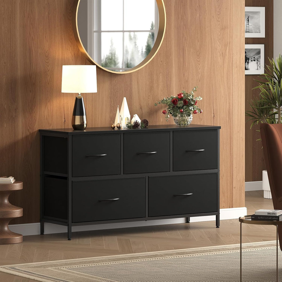 OLIXIS 5 Drawer Black Dresser for Bedroom, Closet Chest Organizer Furniture
