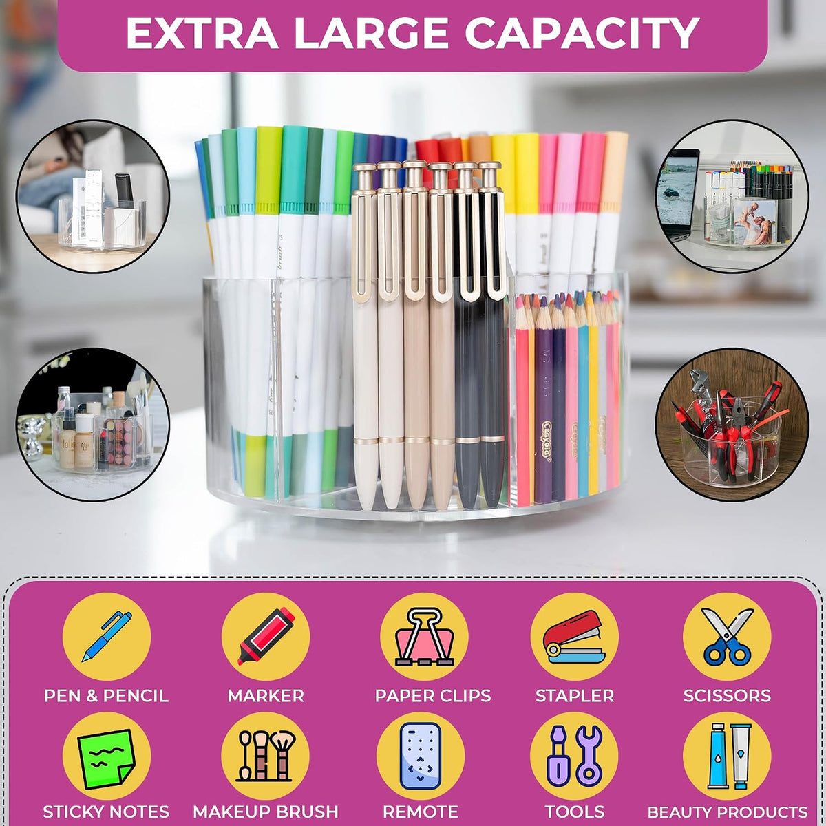 Acrylic Marker Organizer - Multipurpose 360 Rotating Holder for Pencil, Pen, Makeup Brushes, Crayon, Arts and Crafts Supplies - Clear Spinning Lazy Susan Non-Slip Organizing Caddy with Photo Slots