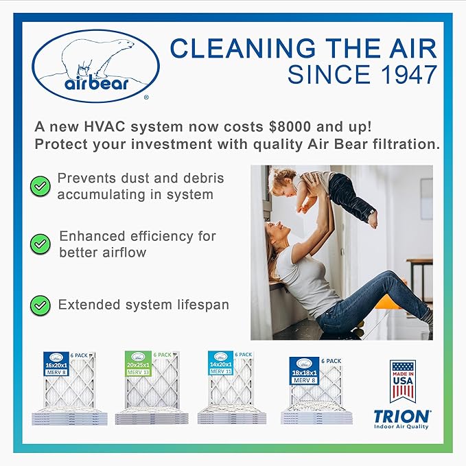 16x25x2 Air Filter MERV 8 TRION Air Bear Pleated HVAC Air Filter Replacement