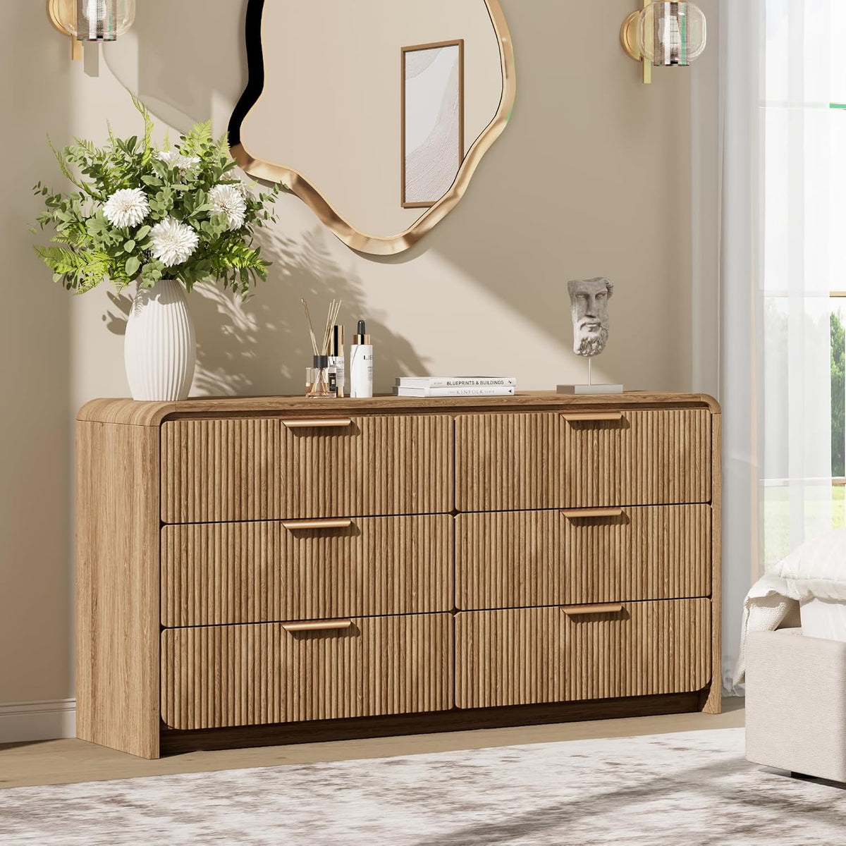 47" Fluted 6 Drawer Dresser for Bedroom, Living Room, Entryway Light Walnut