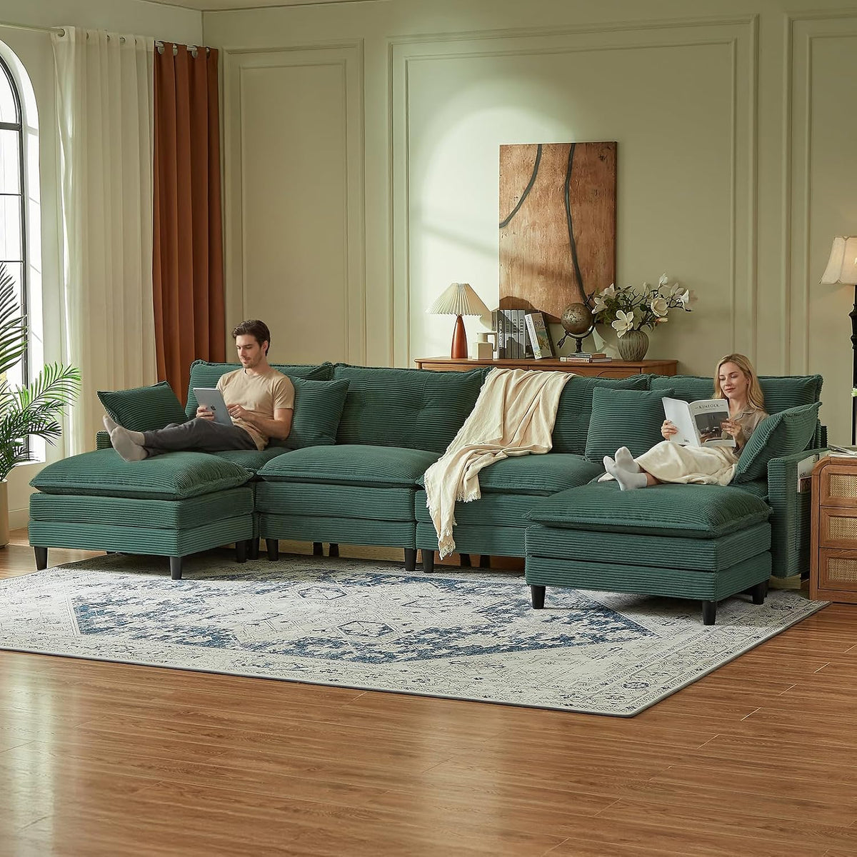 Match Ottoman Only for Cloud Modular Sectional Couch Sectional, Corduroy Footstool Extension for Sectional Sofa, Modern Soft Comfy Ottoman Cushioned Footrest for Living Room, Green