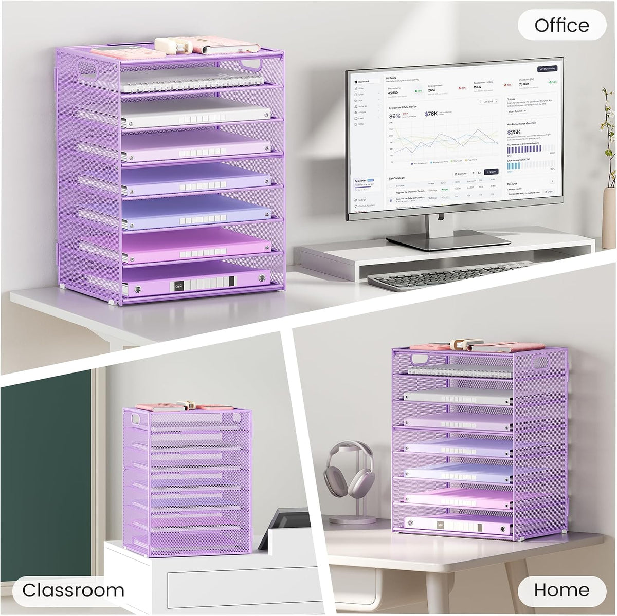 Lavatino 8-Tier Office Desk File Organizer, Letter Tray Paper Organizer with Handle, Including 5 Adjustable Slide Trays for Organizing Desktop Workspace Accessories and Supplies (Purple Metal Mesh)