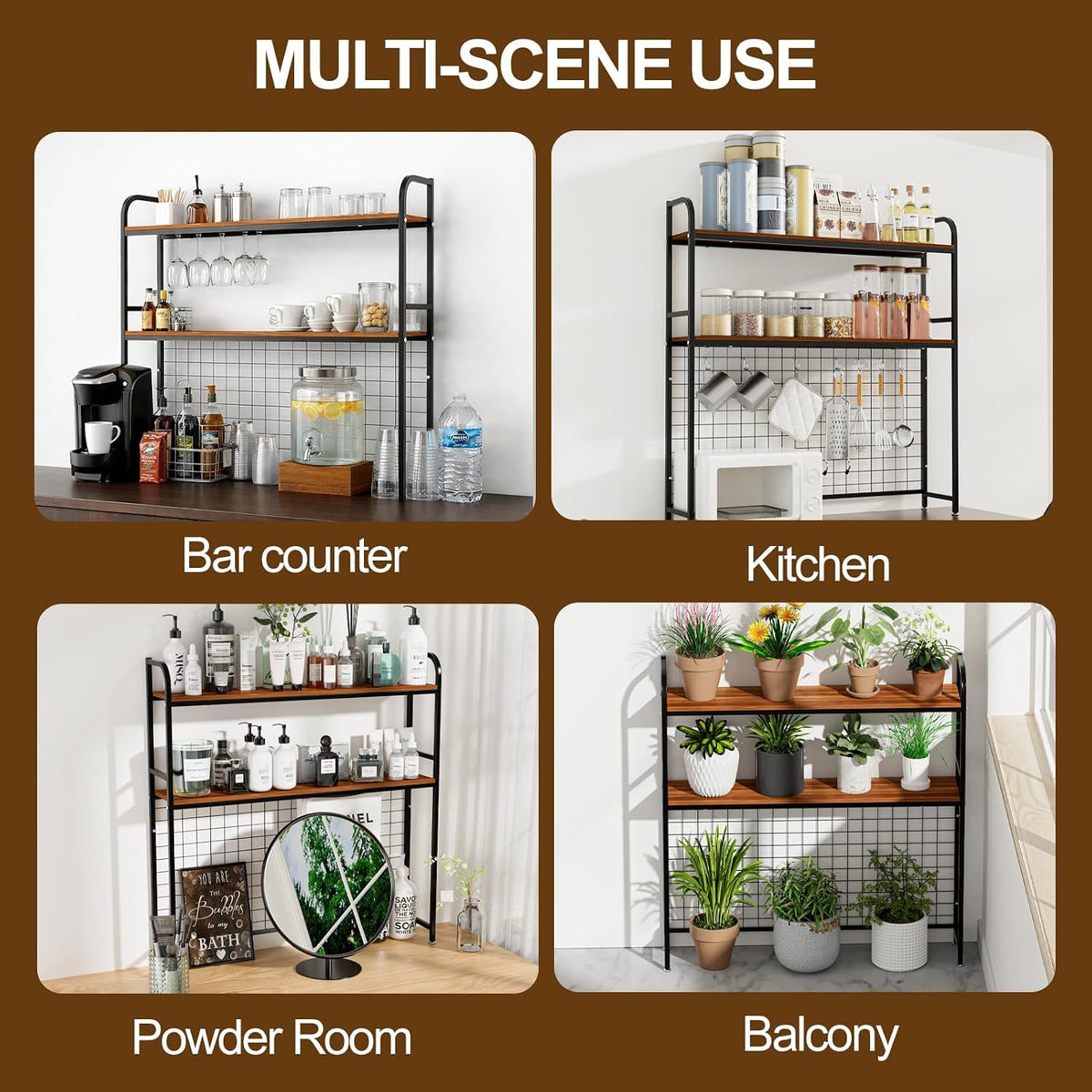 2-Tier Desk Shelf with Grid Panel, Freestanding, Black, 45.3" W