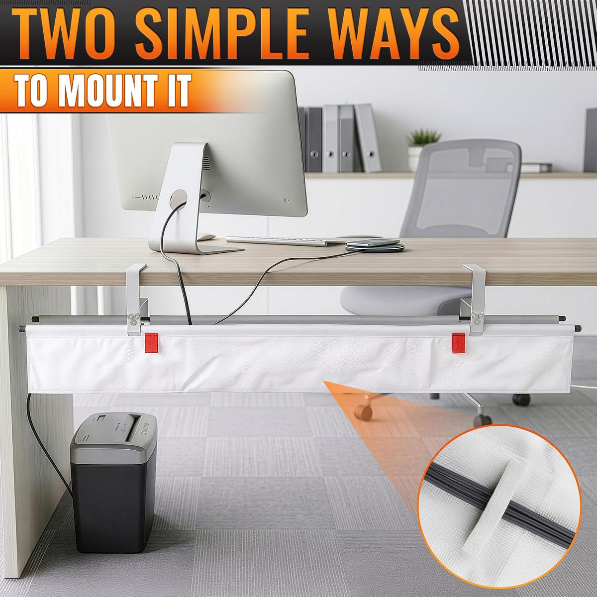 Under Desk Cable Management Tray 48" — No Drill Clamp-On Cord Organizer for Desk with Built-in Ties, Heavy Duty Metal Clamp, Foldable 600D Oxford Fabric for Home Office, WFH & Gaming PC Setup (White)