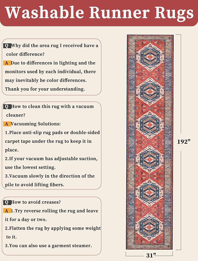 SERISSA Runner Rug for Hallways, Extra Long Boho Rug Ultra Soft Vintage Rust