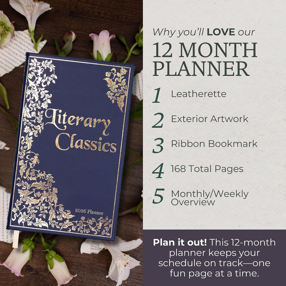 Steel Mill & Co 8.25" x 5" Monthly & Weekly 12-Month Planner Dated January 2026 - December 2026, Book Lover's Organizer with Vegan Leather Cover with Gold Foil, Quotes & Art from Classic Novels (Literary Classics)