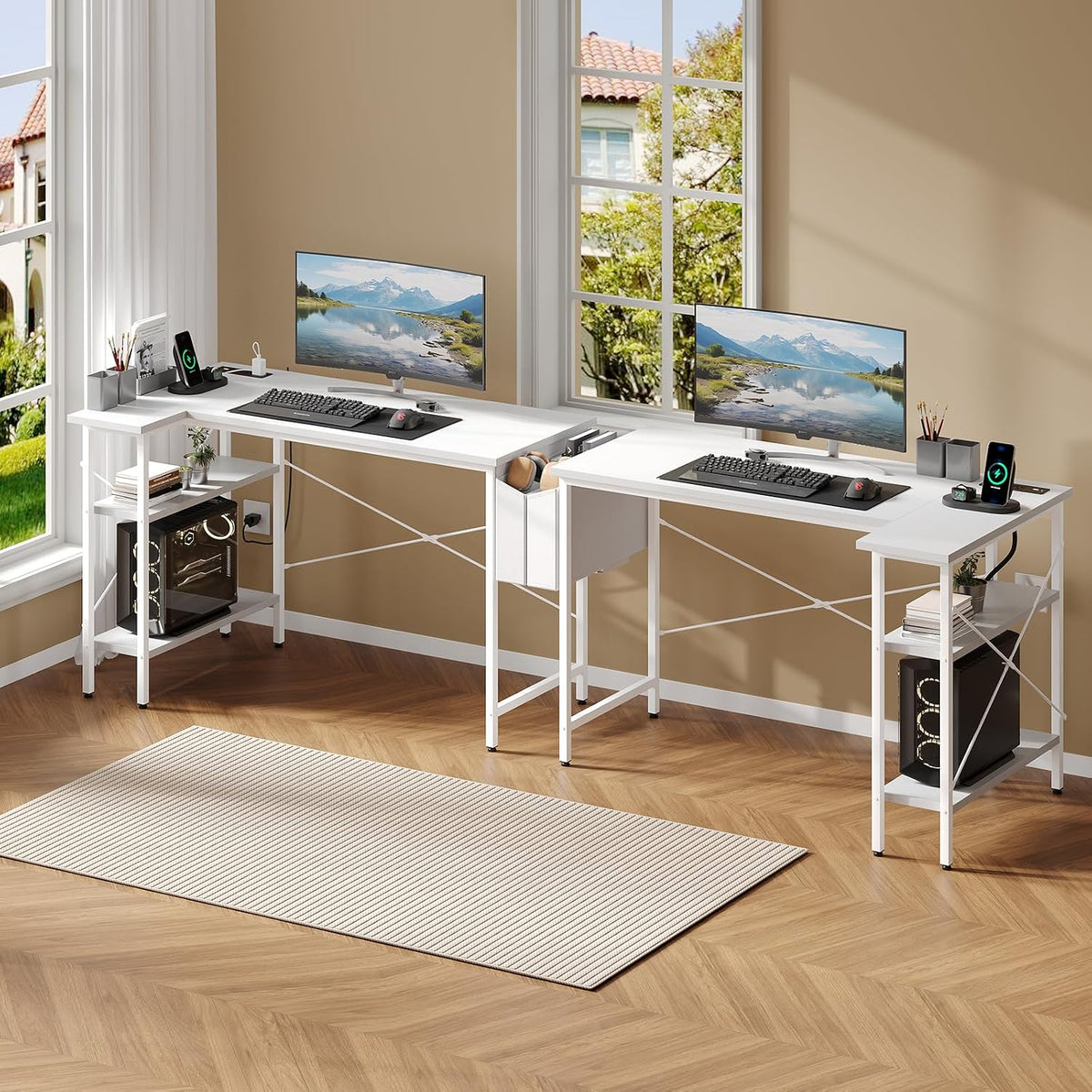 DUMOS Corner Gaming Desk with Power Strip, Storage Shelves and Drawers