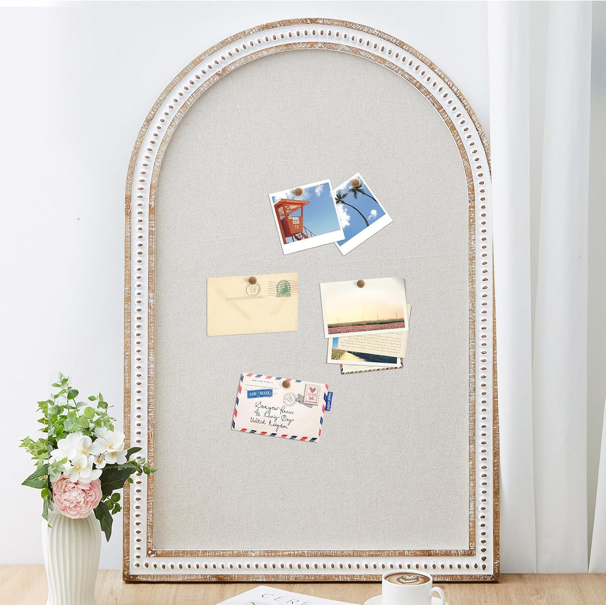 Wonderjune Linen Display Pinboard, Arch, 24" X 36", Distressed White