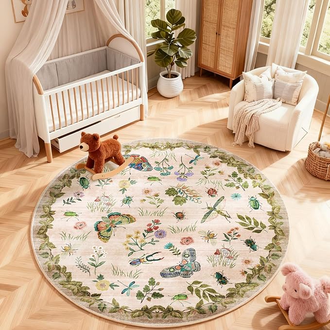 Washable Round Rugs for Bedroom 4ft: Living Room Rug Stain Resistant Non Slip