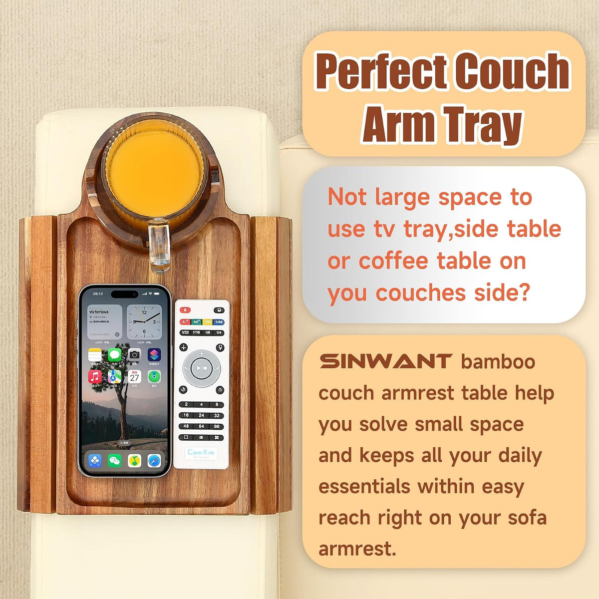 SINWANT Couch Cup Holder Tray,Fit Sofa Armrests 6.3" and Wider,Acacia