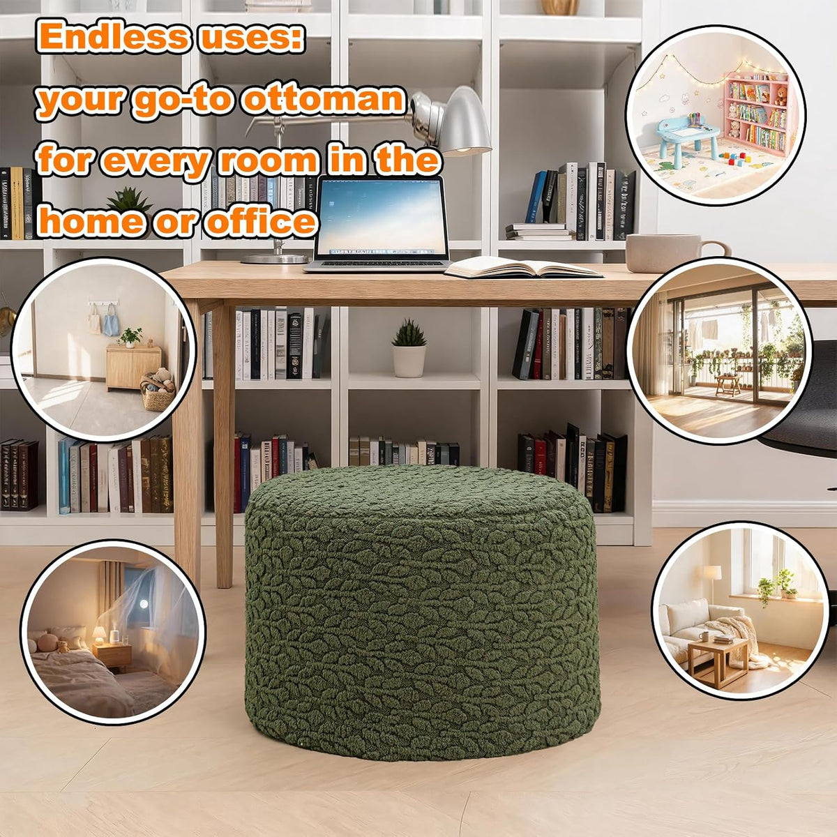 Poofieotto Round Pouf Ottoman, Couch Footrest,Forest Green, 20 x 20 x 14 in