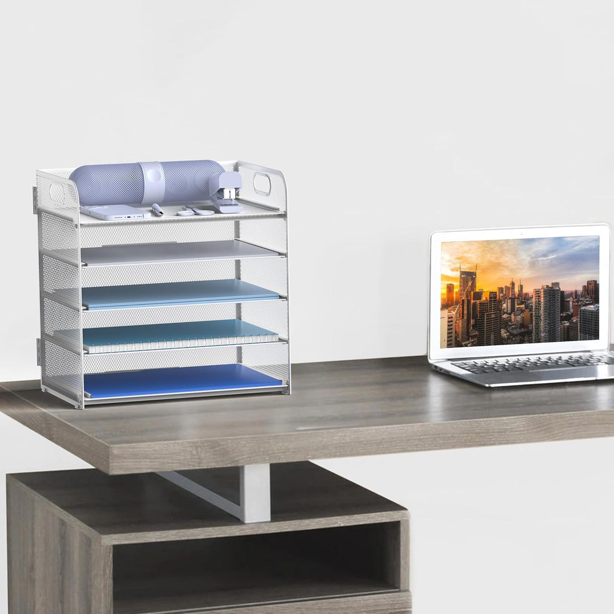 Letter Tray Paper Organizer 5-Tier Desk Organizer File Organizer Paper Holder with Handle, Metal Desktop Document Shelf Tray Office Classroom Organization - White