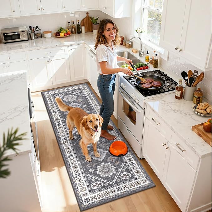 HEBE Boho Kitchen Rugs Sets of 2, Non Slip Washable Kitchen Mats
