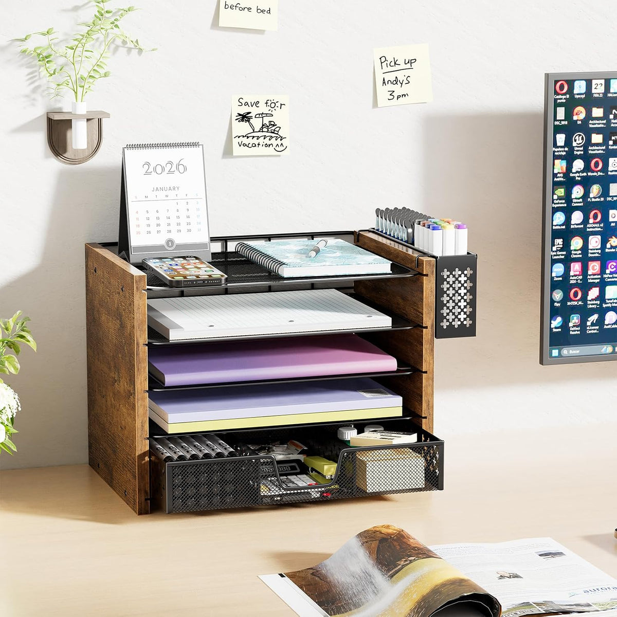 Simple Trending Wood Desk Organizer, 5-Tier File Organizer, Rustic Brown