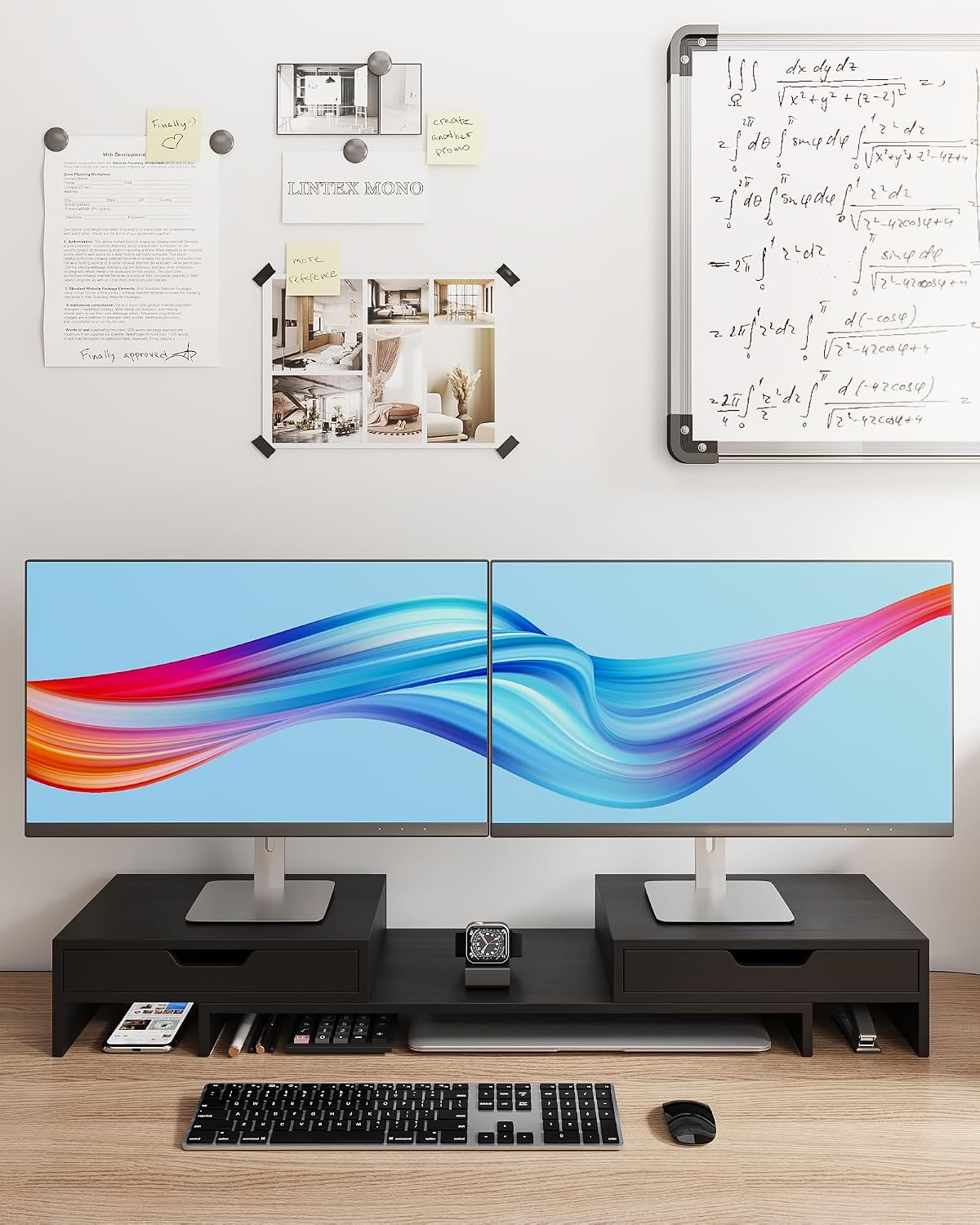 Epesoware Dual Monitor Riser with Two Drawer for Desk, No Assembly Required
