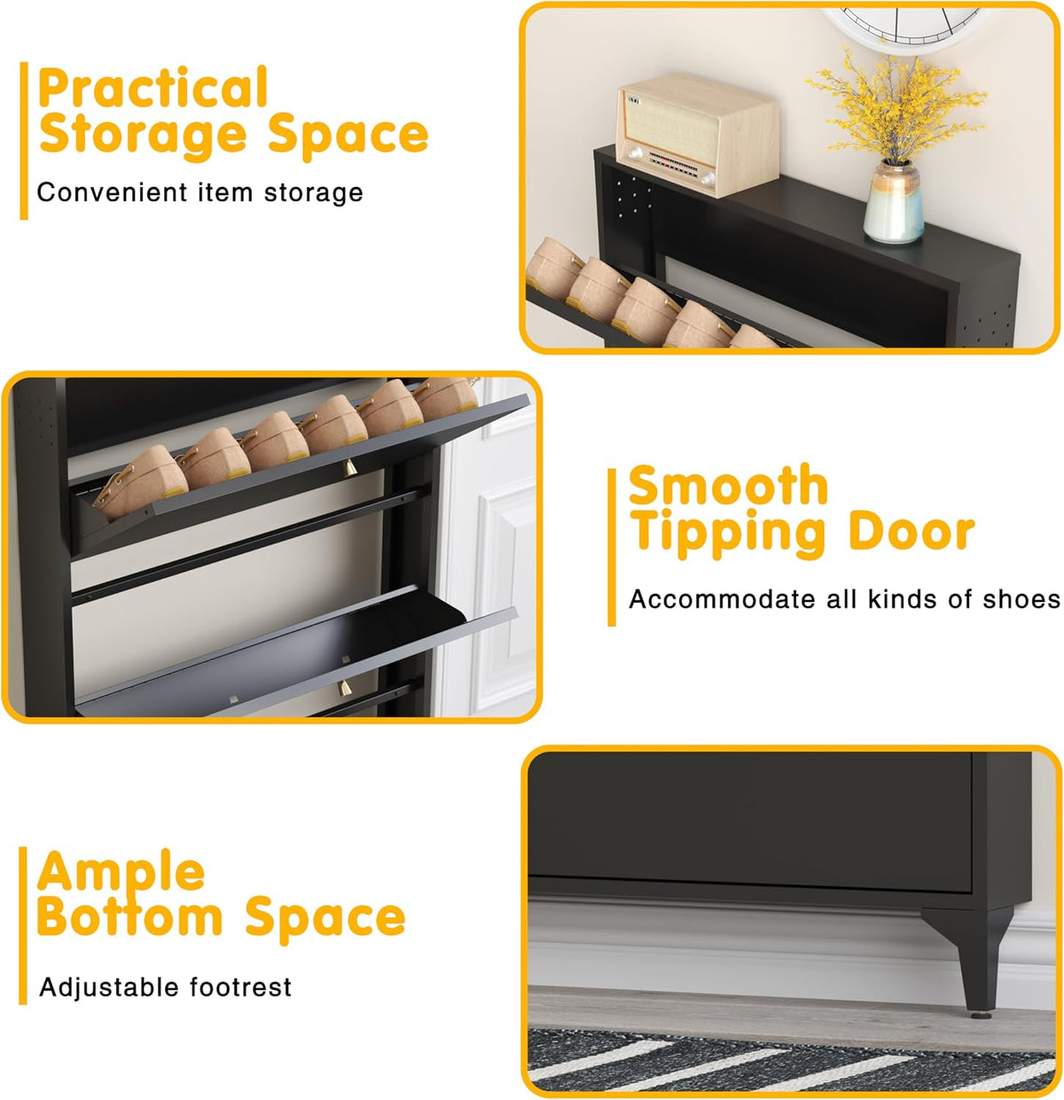 Shoe Cabinet with 4 Flip Drawers, Narrow Shoe Storage Cabinet, Farmhouse Shoe Organizer, Freestanding Organizer with Metal Legs for Entryway, Foyer (Black, 4 Door)
