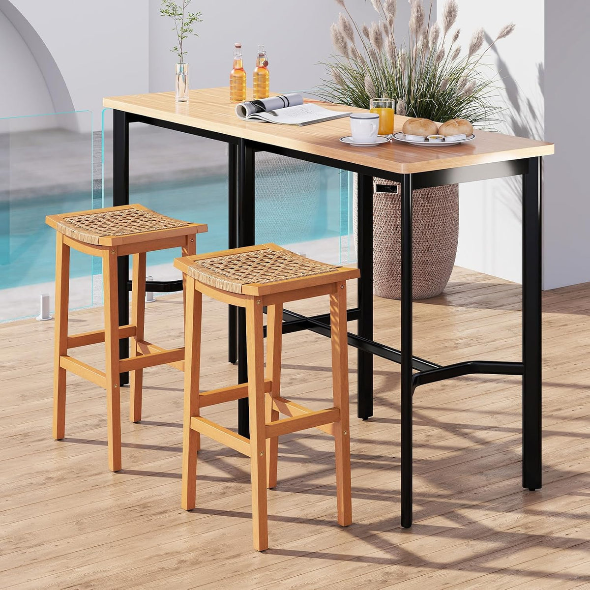 Giantex Outdoor Wooden Bar Stools Set of 4, 29" Backless Patio Barstools with PE Rattan Saddle Seat & Footrest, Solid Acacia Wood Bar Height Stools for Porch, Garden, Backyard, Poolside, Armless