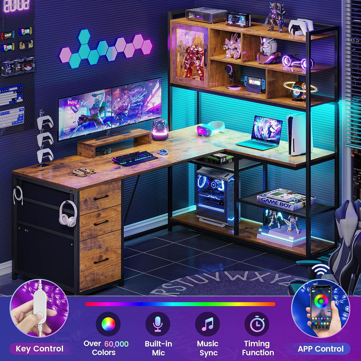 SEDETA 58'' L Shaped Computer Office Desk with 3 Drawers and Bookshelf