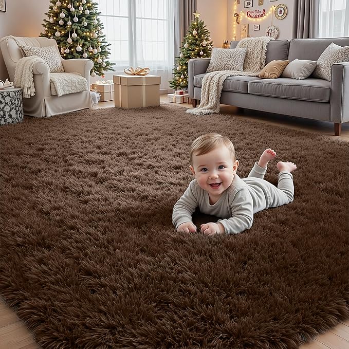 6x9 Area Rugs for Living Room Rug: Soft Fluffy Shag Brown Rugs for Bedroom