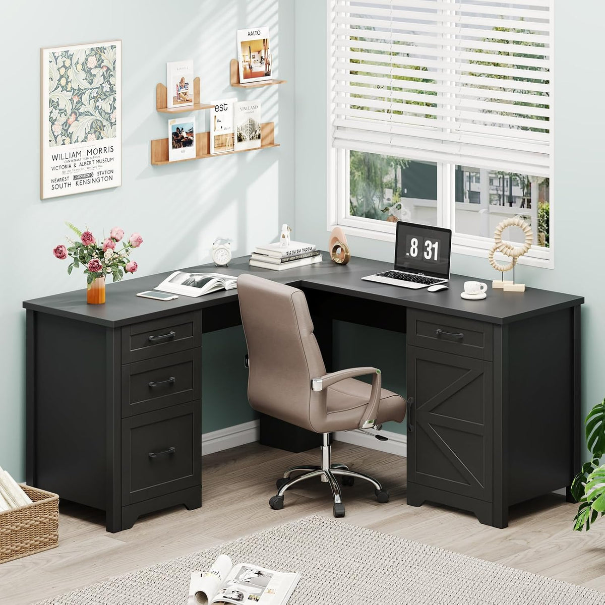 Vabches 59” Farmhouse L Shaped Executive Desk with File Drawer, Black