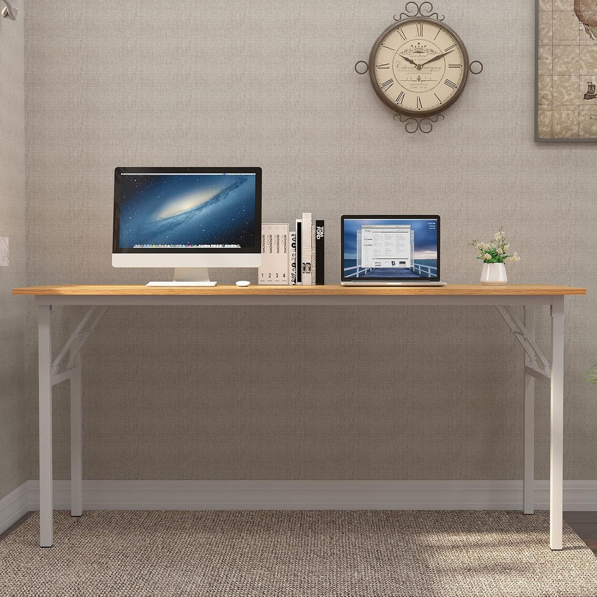 Need Home Office Desk - 62 Inches Large Computer Desk Sturdy Black Table Foldable Desk Gaming Computer Table No Assembly Required Teak&White AC5BW(157.5 * 60)