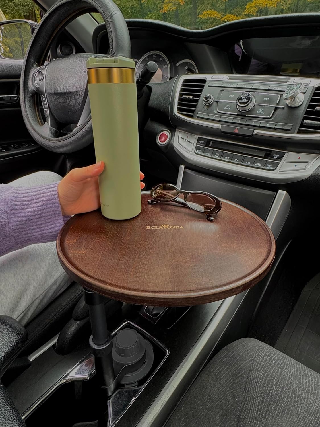 Car Cup Holder Tray Table - 360° Swivel Car Desk & Food Tray for Eating, Laptop Mount, Bamboo Car Organizer Table Accessories