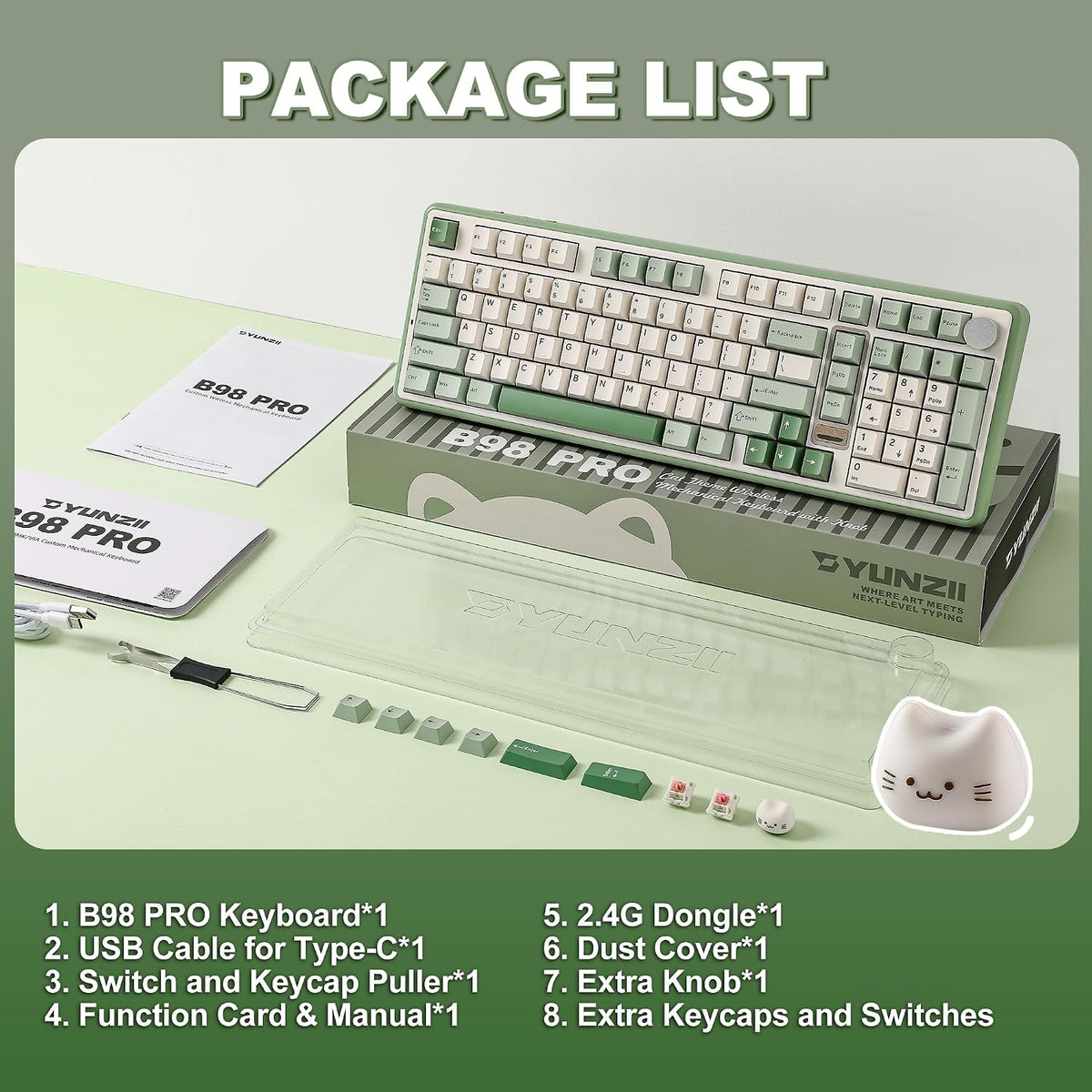 YUNZII B98 PRO 96% Wireless Mechanical Keyboard(Matcha Green, Candy Switch)