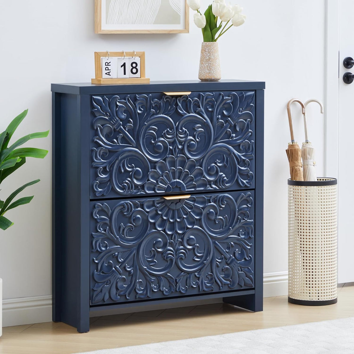 Shoe Cabinet with Flip Drawers, Narrow Shoe Storage Cabinet, 2-Tier Hidden Shoe Organizer with Floral Embossed for Entryway, Mid-Century Modern Slim Shoes Storage for Hallway Foyer (1, Midnight Blue)