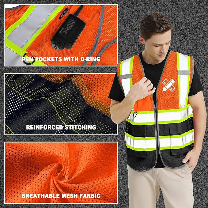 5 Pack Custom Mesh Safety Vest Customized Logo Class2 High Visibility Reflective Vest with Pockets Construction workwear(Orange Black,4XL )