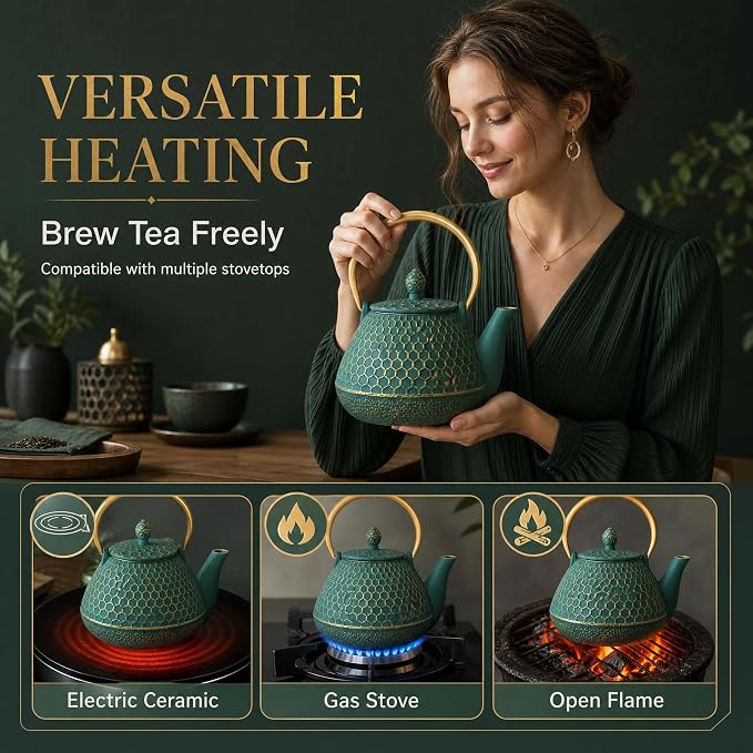 YJX 54oz Cast Iron Tea Kettle for Stovetop, Enameled Interior, Heavy and Durable