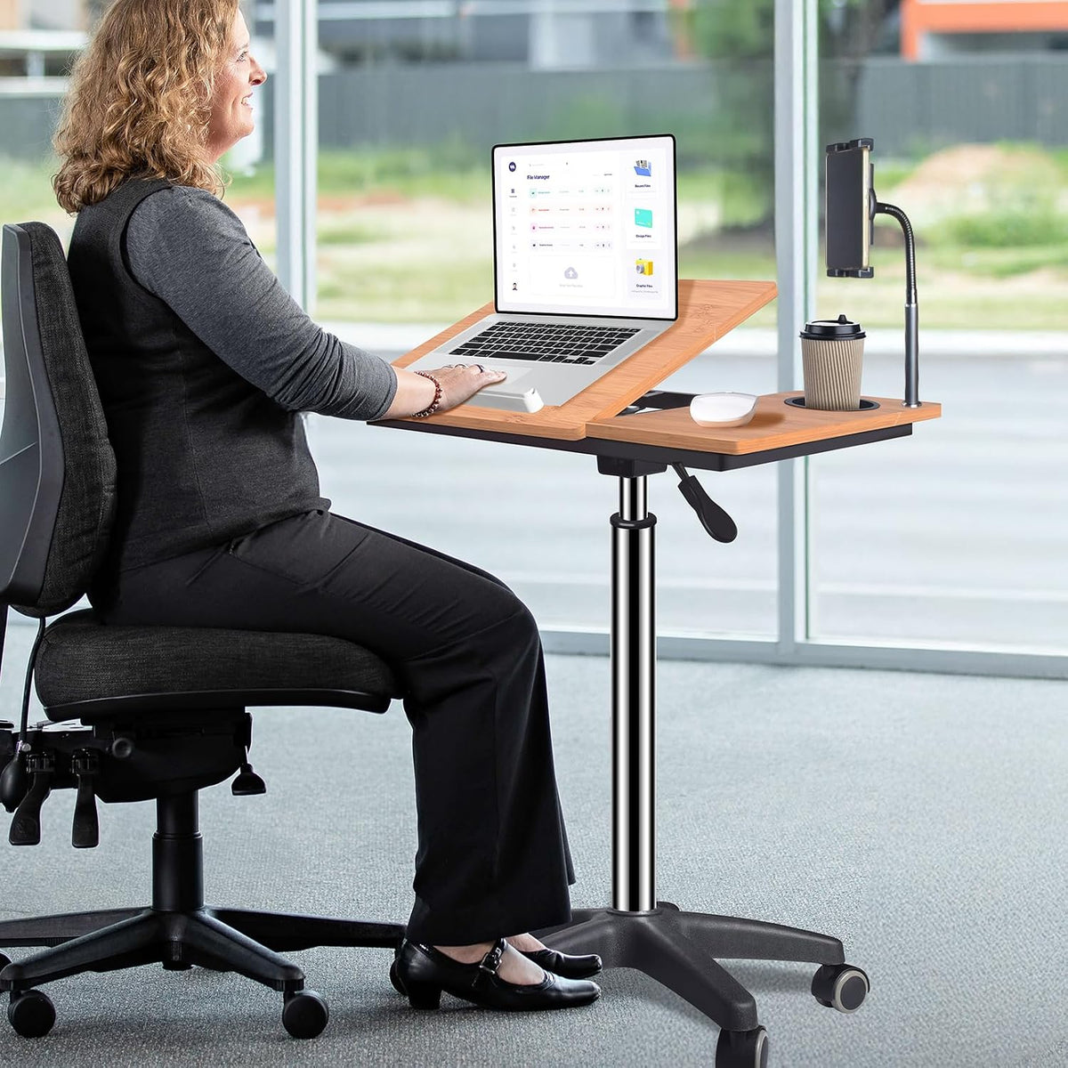 Mobile Laptop Stand Desk on Wheels, Height Adjustable Rolling Cart with Tilting Tabletop and Cup Holder (XX-Large)