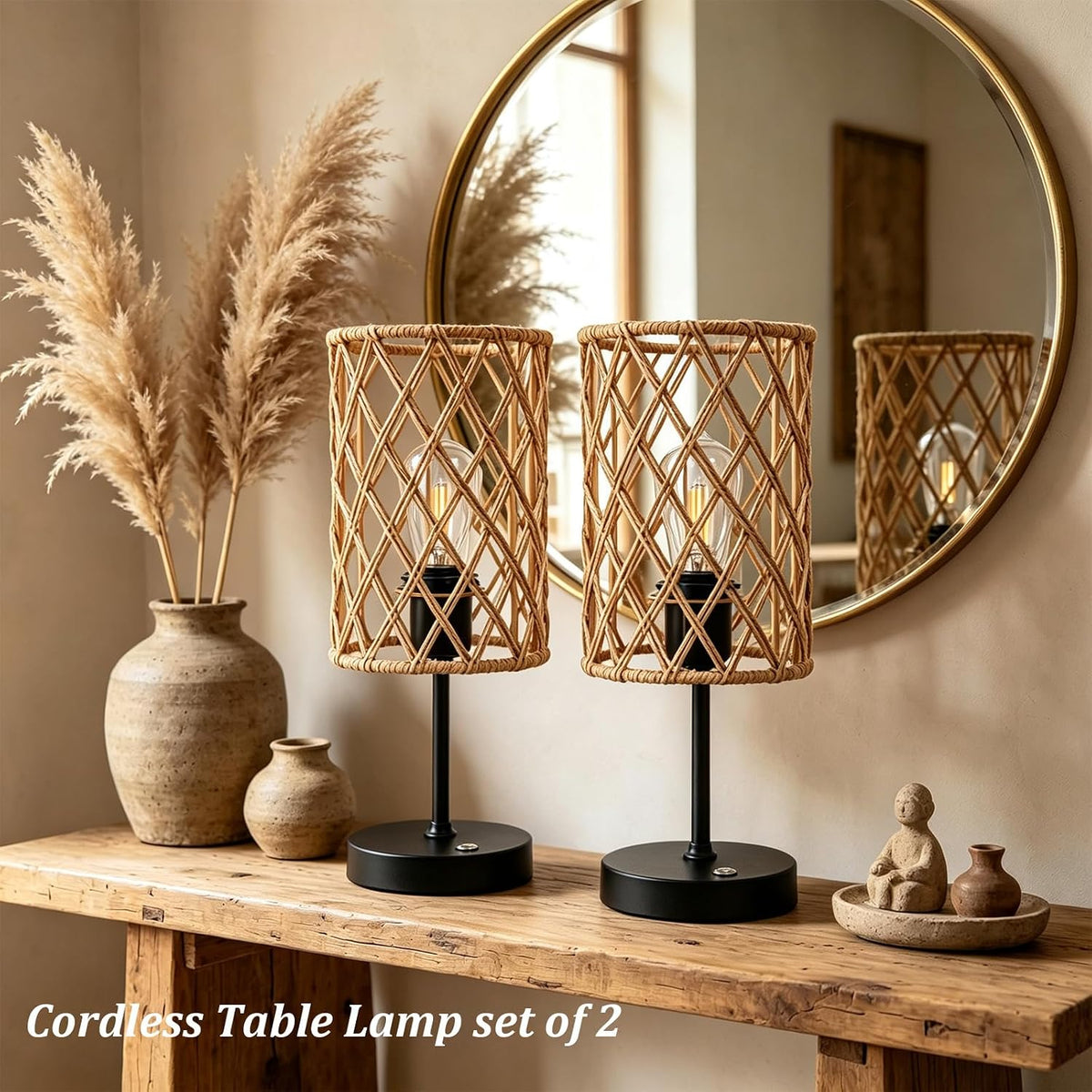 Rechargeable Outdoor Patio Table Lamps, Set of 2 Cordless Battery Operated Portable Boho Rattan Table Lights, for Covered Porch Balcony Garden Decor (Beige)