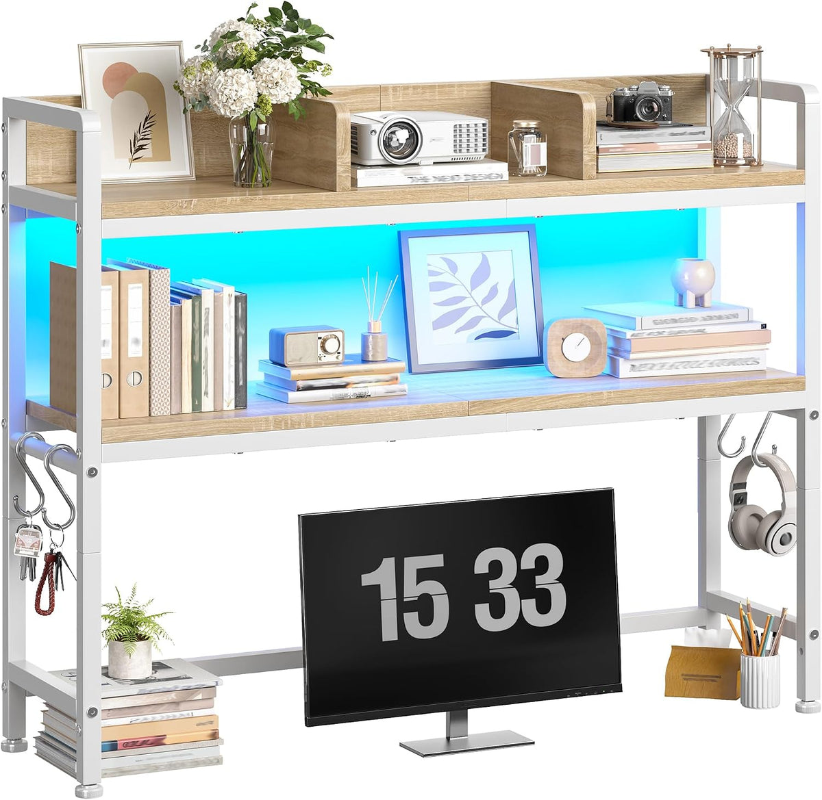 REIBII 2-Tier Desk Shelf with LED for Bedroom and Home Office, White